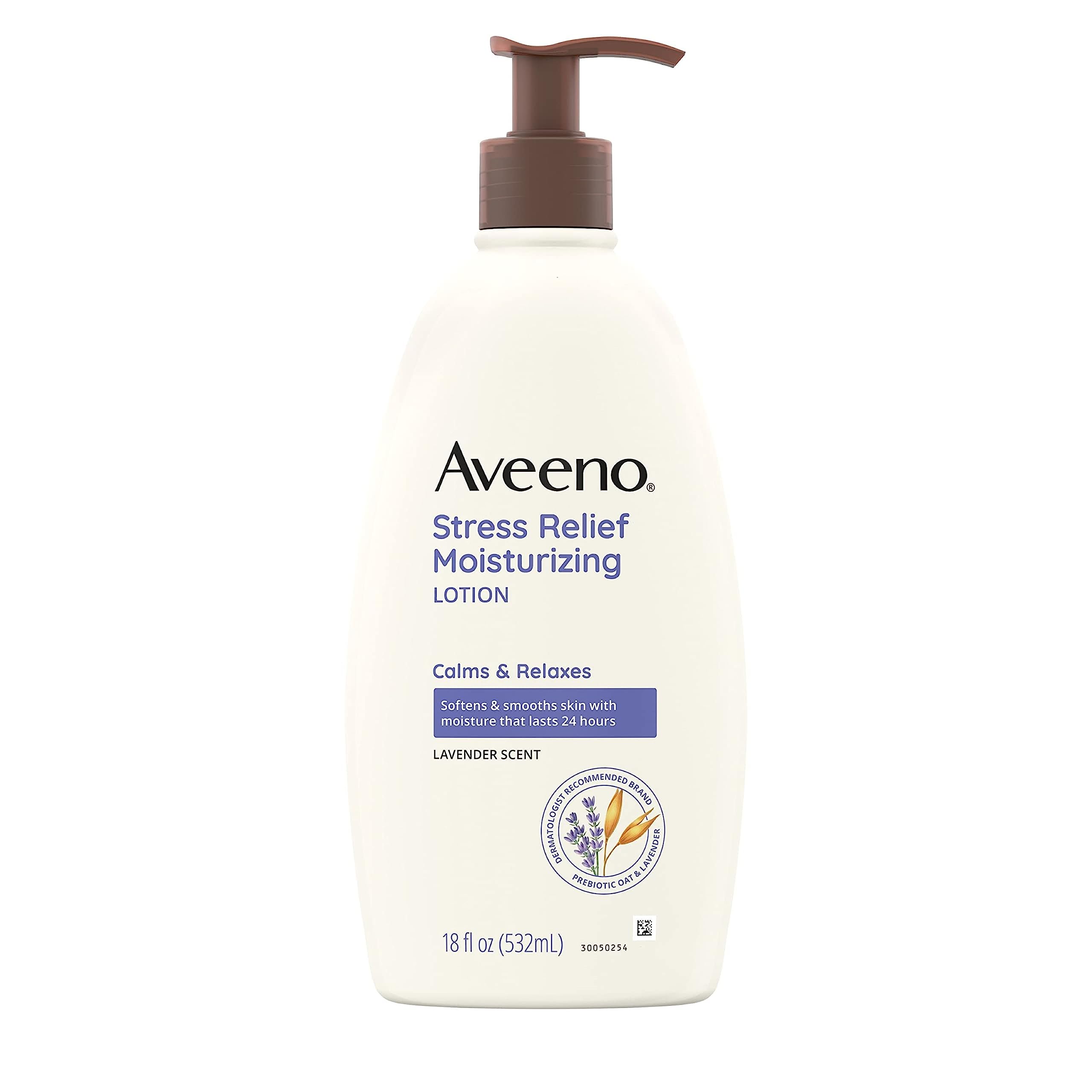 Aveeno Stress Relief Lotion lavender bottle calms the senses with soothing scent