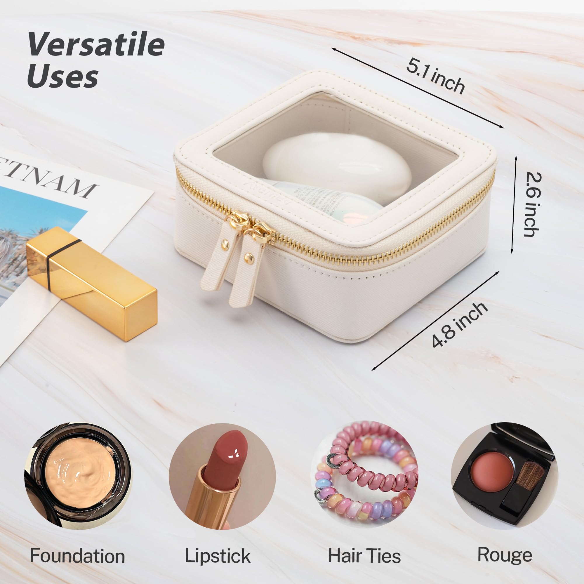Interior de la bolsa transparente Aveniee, mantiene organizados los cosméticos para retoques.