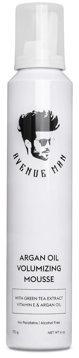 Avenue Man Argan Oil Mousse bottle pour showing easy dispersal for smooth styling