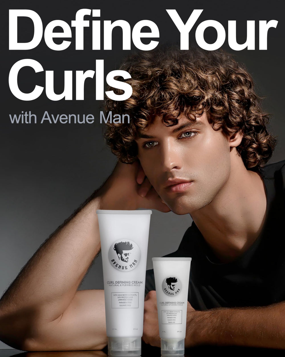 Crema Definidora de Rizos Avenue Man, etiqueta con bayas de acai y extractos