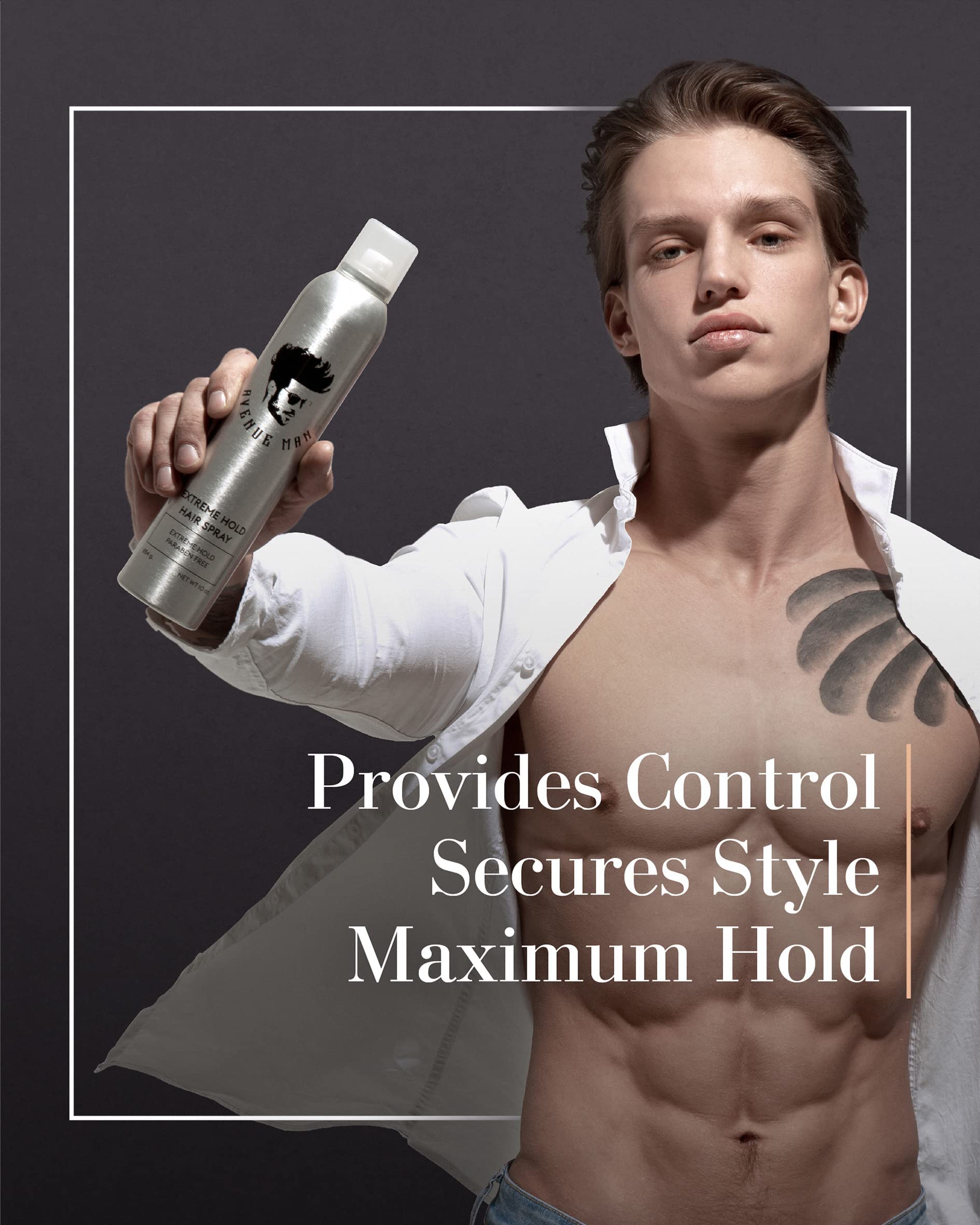 Avenue Man Extreme Hold Hairspray, design New York évoquant le soin pro.