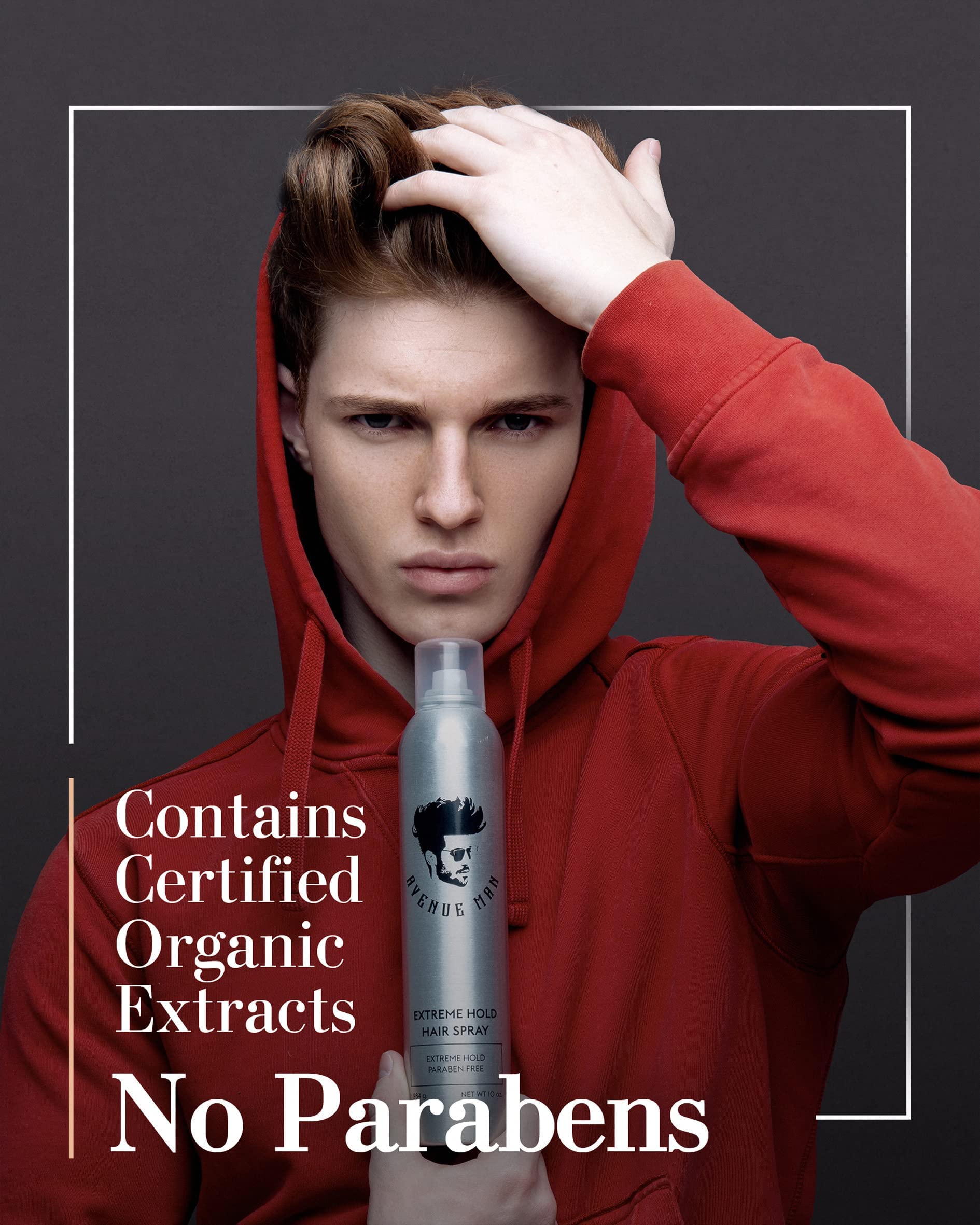 Avenue Man Extreme Hold Hairspray, formule sans parabènes pour une routine sûre.