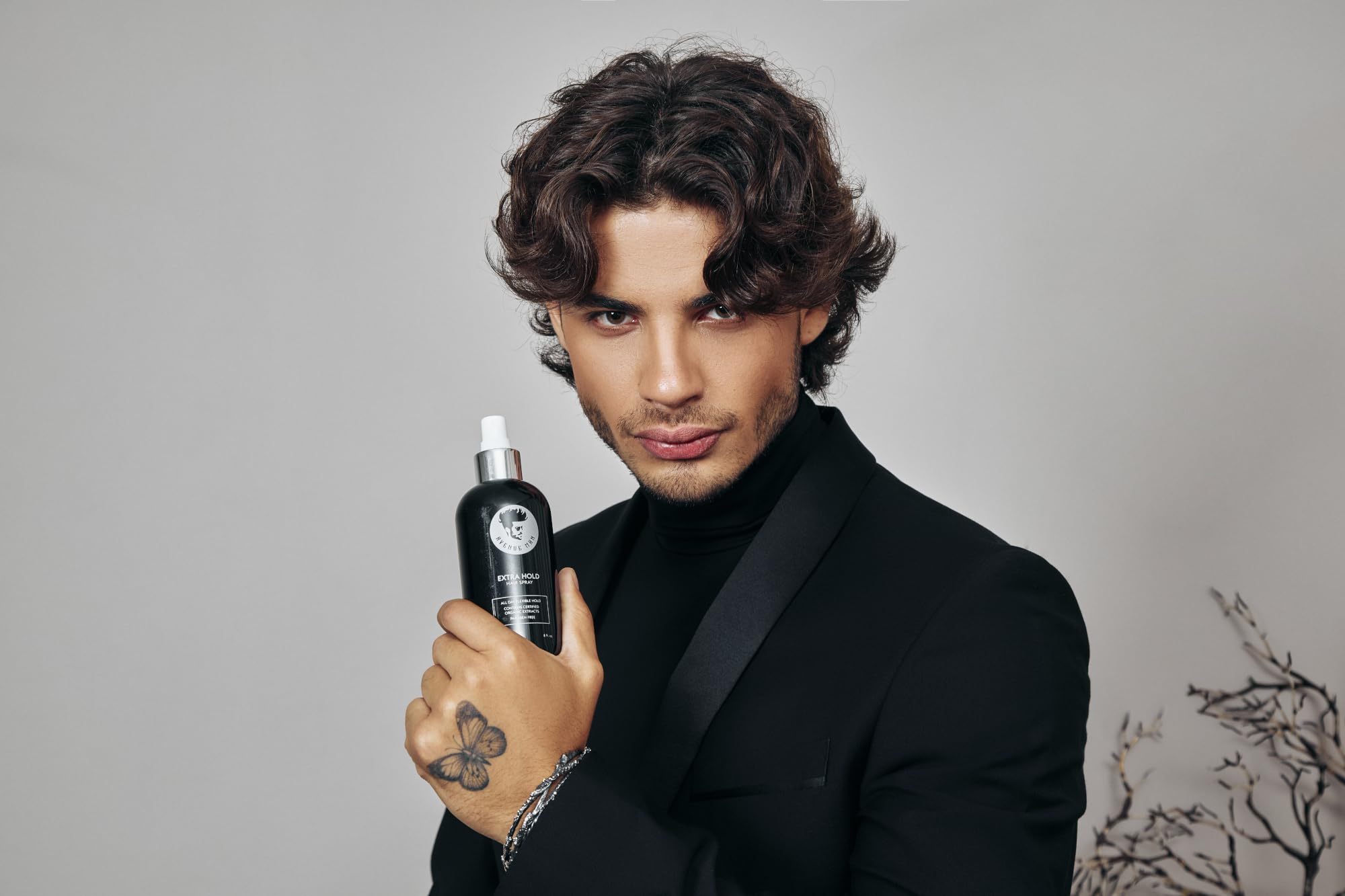 Avenue Man hair spray ingredients botanical blend highlighting nourishment.