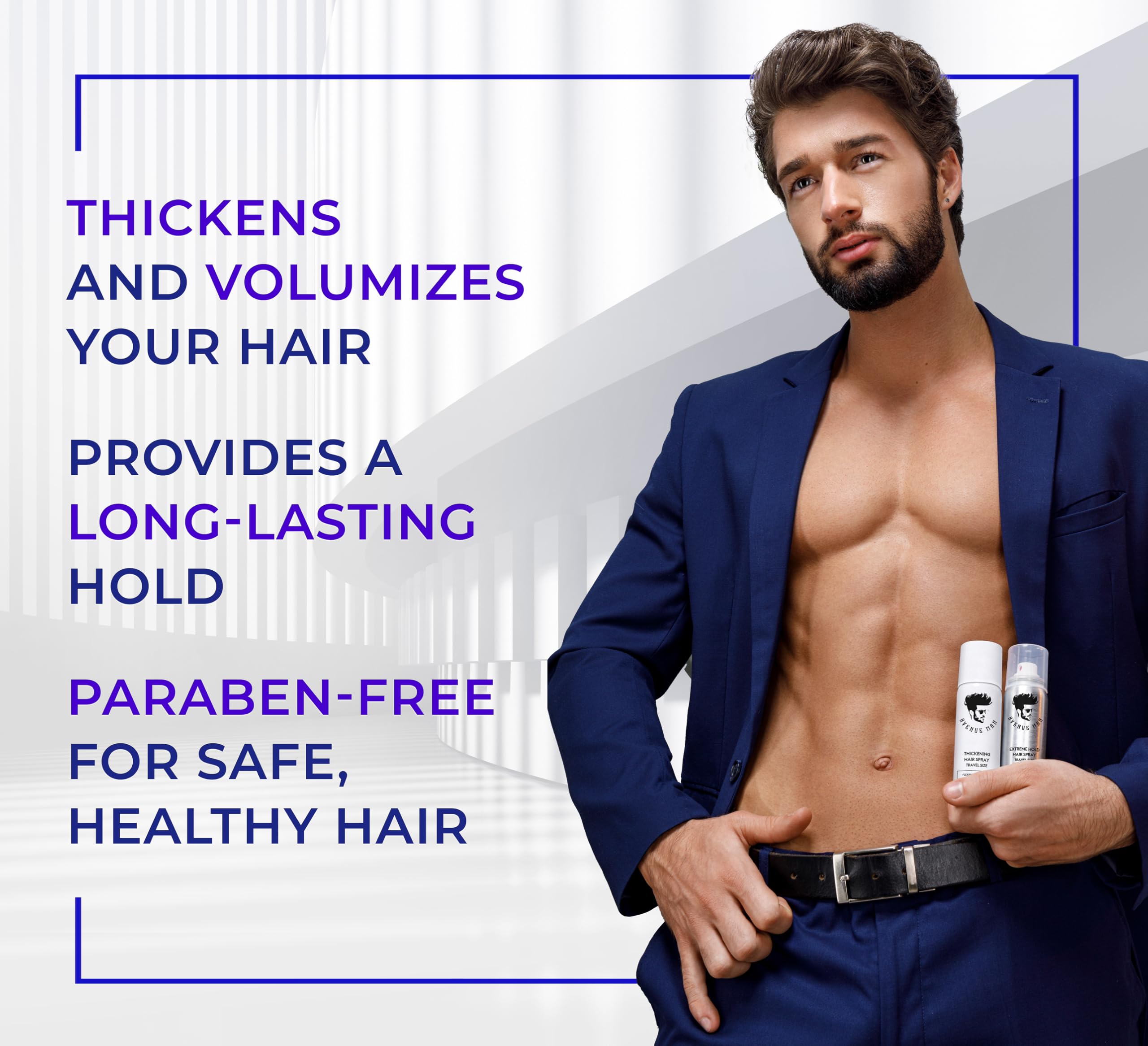 Avenue Man Thickening Spray proporciona fijación flexible para todo tipo de peinados.