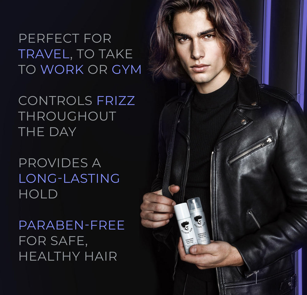 Avenue Man Thickening Spray seca rápidamente sin sensación pesada.