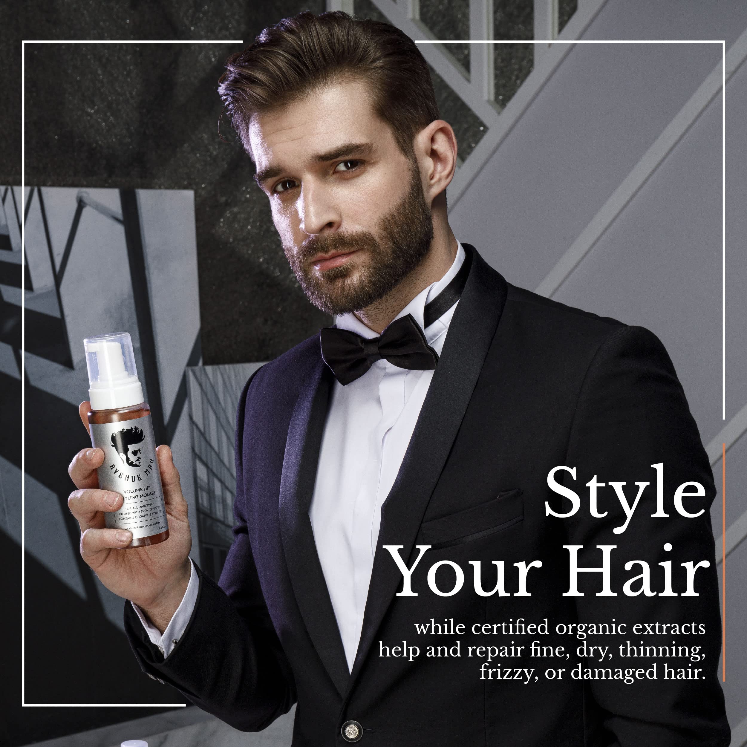 Avenue Man Volume Lift Mousse with argan oil visual cue indicating nourishing care.