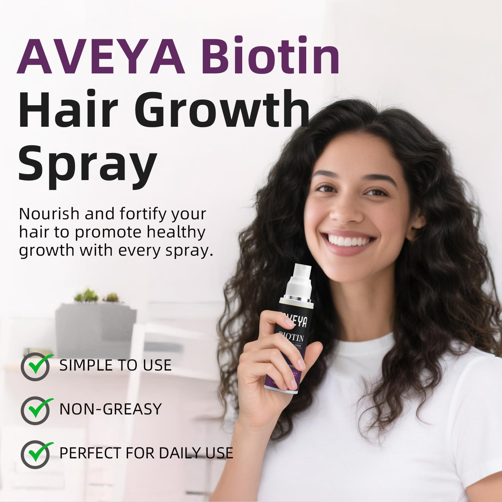 AVEYA spray crecimiento capilar, uso diario: refresca y nutre sin engrasar.