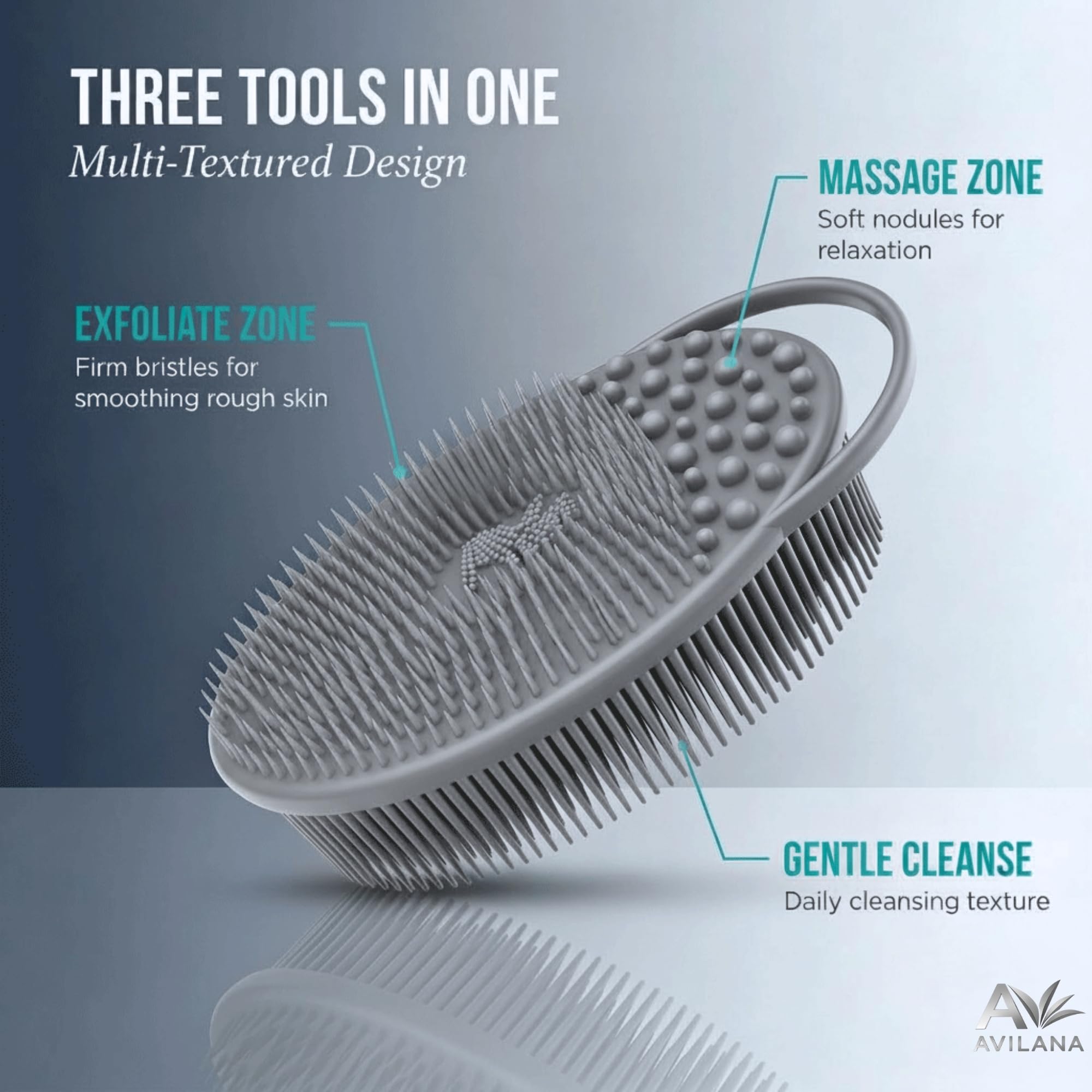 Avilana Cepillo Dual, lado exfoliante y lado masaje para mayor relajación.