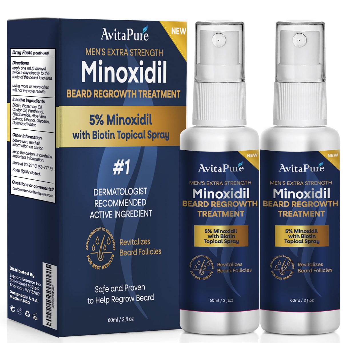 AVITAPURE envase de aceite Minoxidil 5% para barba, apoyo al crecimiento.