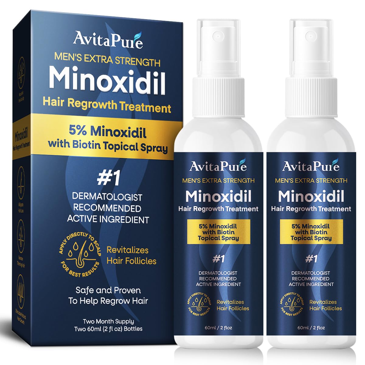 AVITAPURE Minoxidil 5% botella para aplicación precisa y crecimiento capilar.