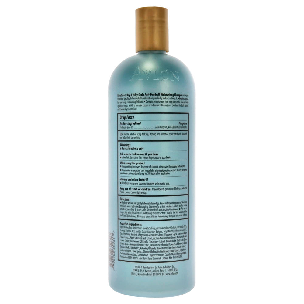 Étiquette du shampoing Avlon KeraCare montrant les propriétés hydratantes.