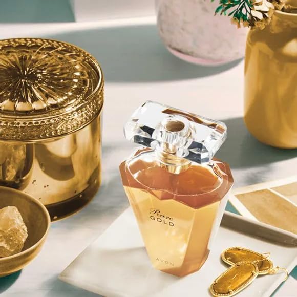 AVON Rare Gold: etiqueta frontal dorada refuerza la imagen de lujo.