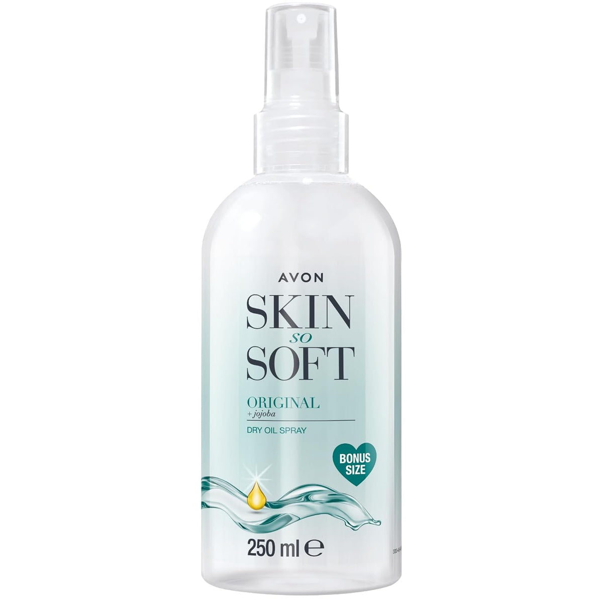 AVON SKIN SO SOFT Aceite Seco Original 250 ml, botella, hidratación rápida para la piel.