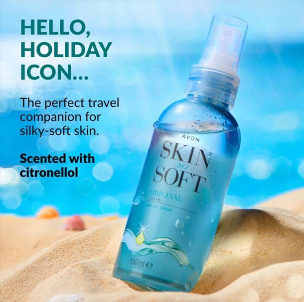 AVON SKIN SO SOFT Original Dry Oil Spray, textura ligera para aplicacion rapida.