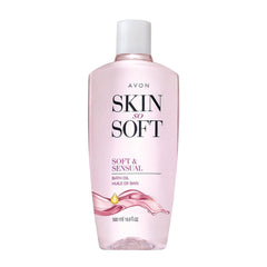 Avon Skin So Soft Soft & Sensual Bath Oil bottle closeup showing luxurious hydration