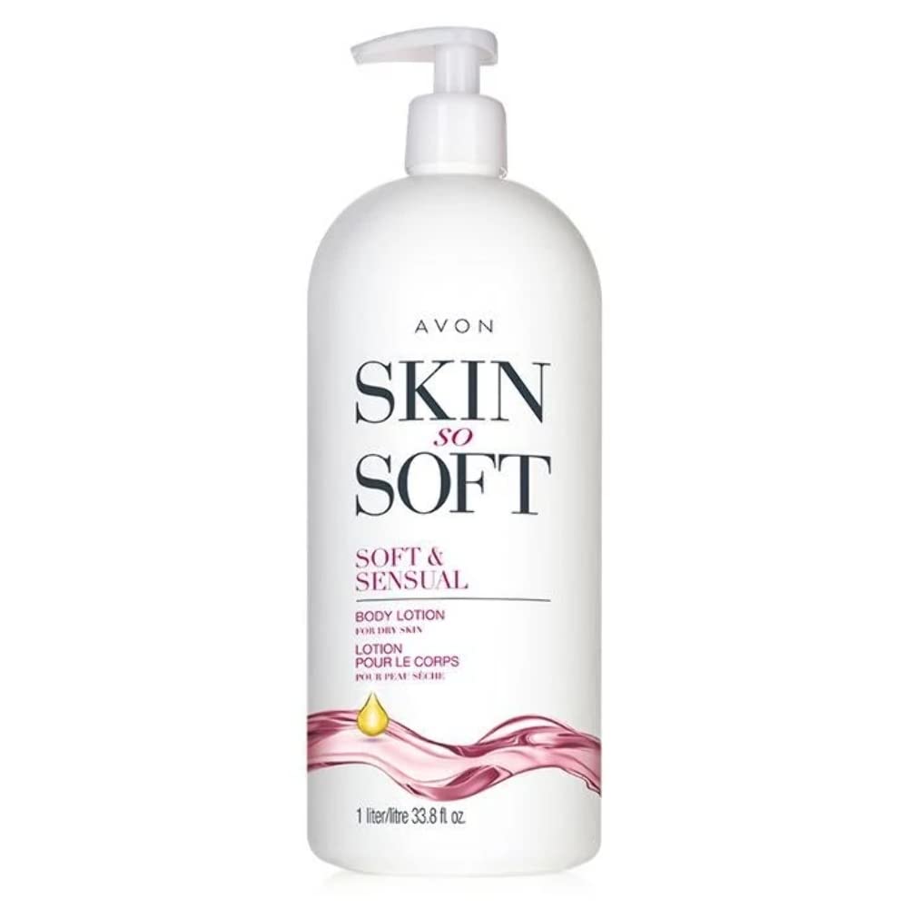 Lotion Avon Skin So Soft Soft & Sensual, flacon pompe 1 L, hydratation durable et douceur.