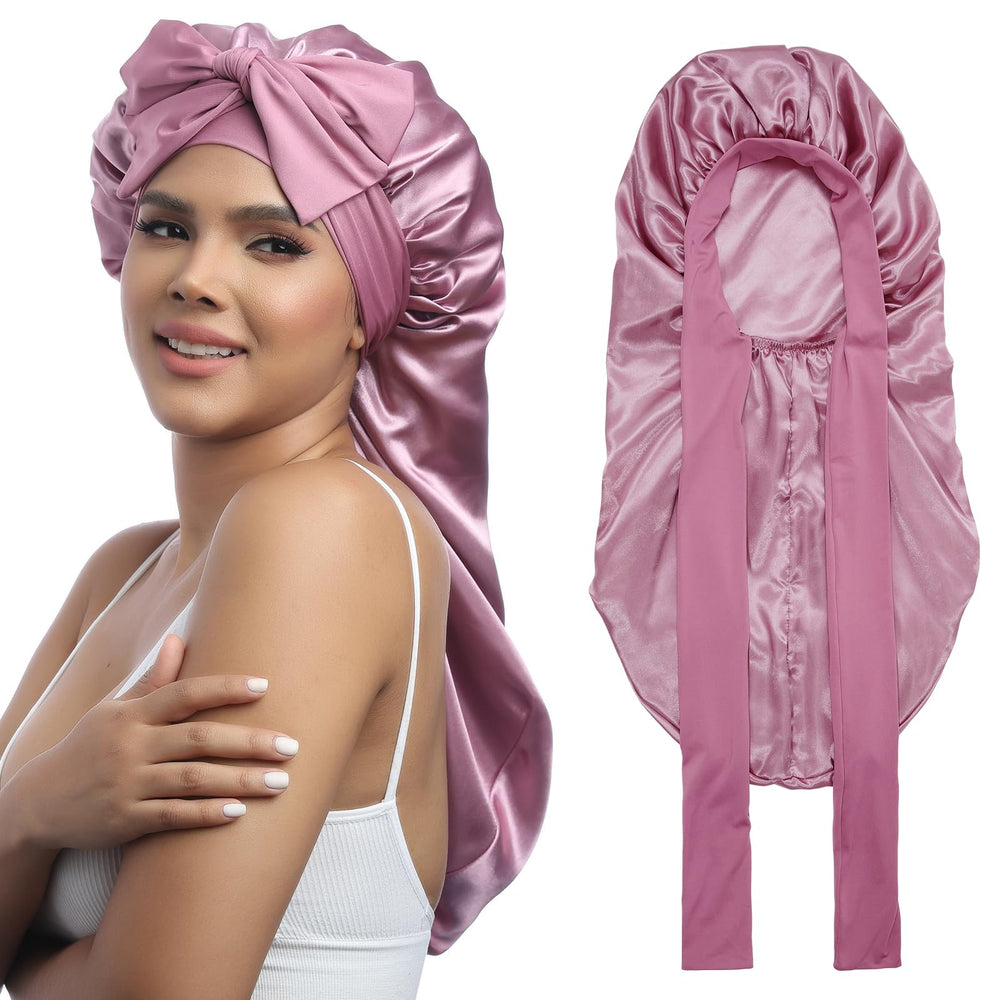 AWAYTR bonete satinado largo con doble capa protege el cabello durante la noche
