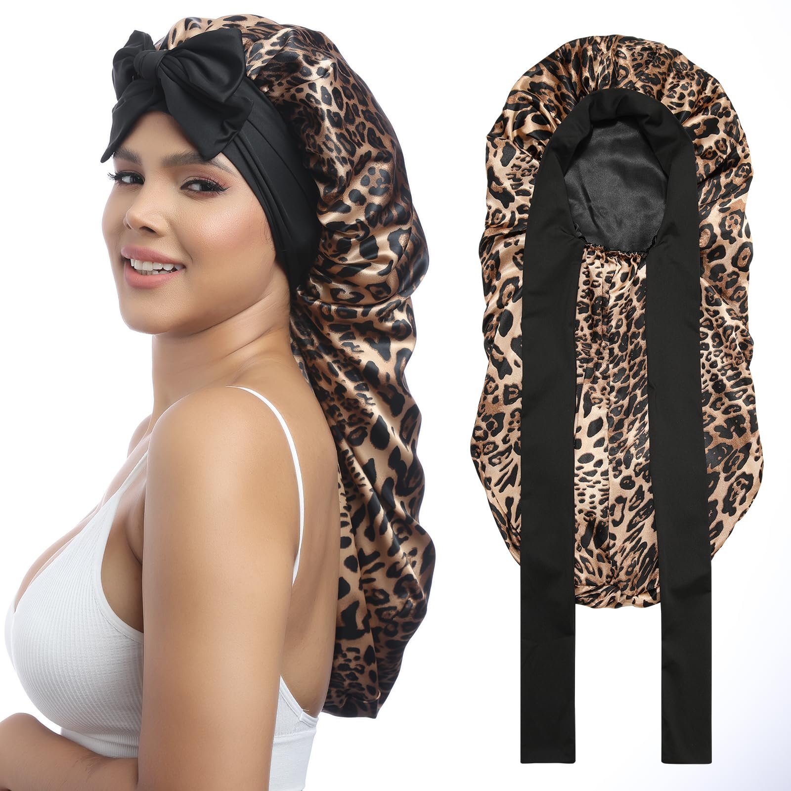 Bonete AWAYTR satin-textura suave con estampado leopardo para dormir con cabello suave