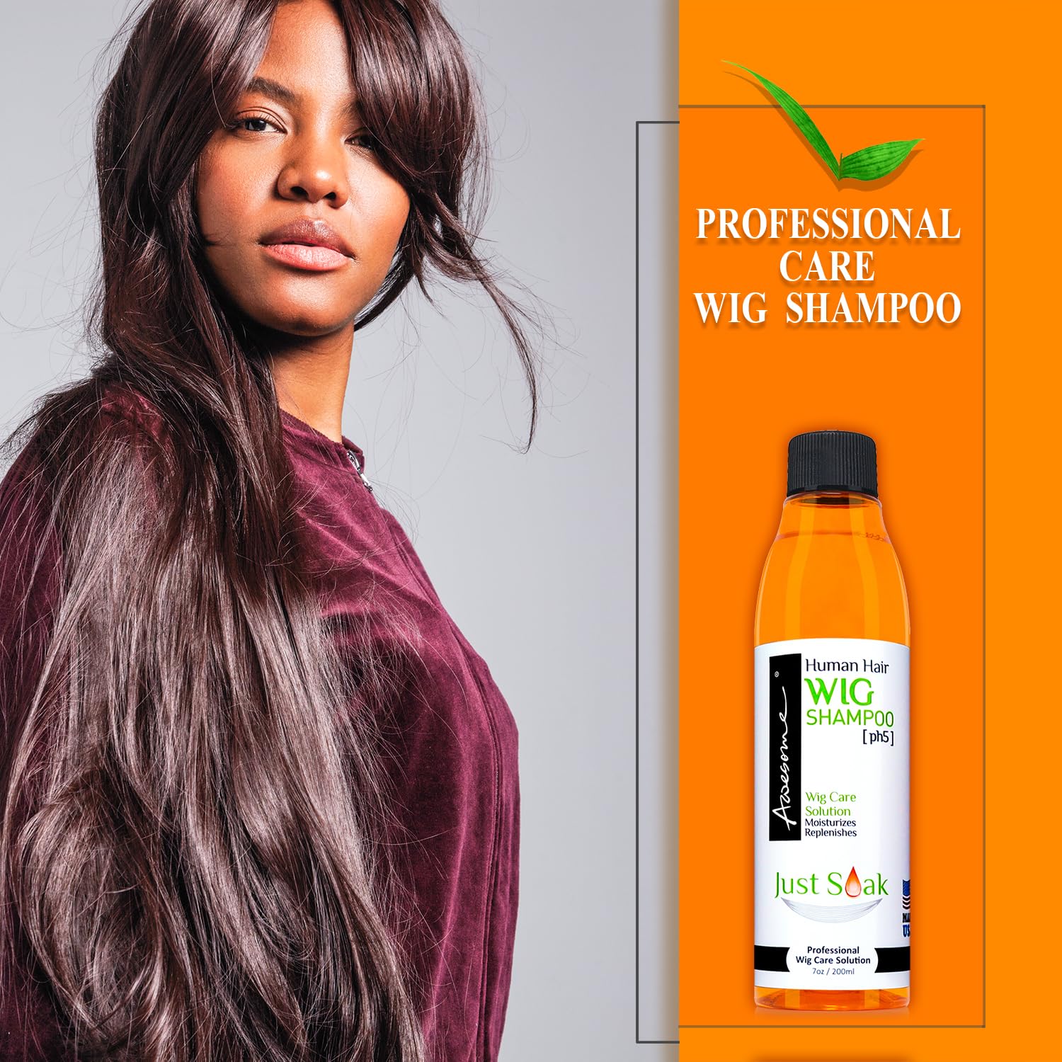 Shampoo Awesome para pelucas: etiqueta frontal muestra la marca y promueve limpieza delicada.