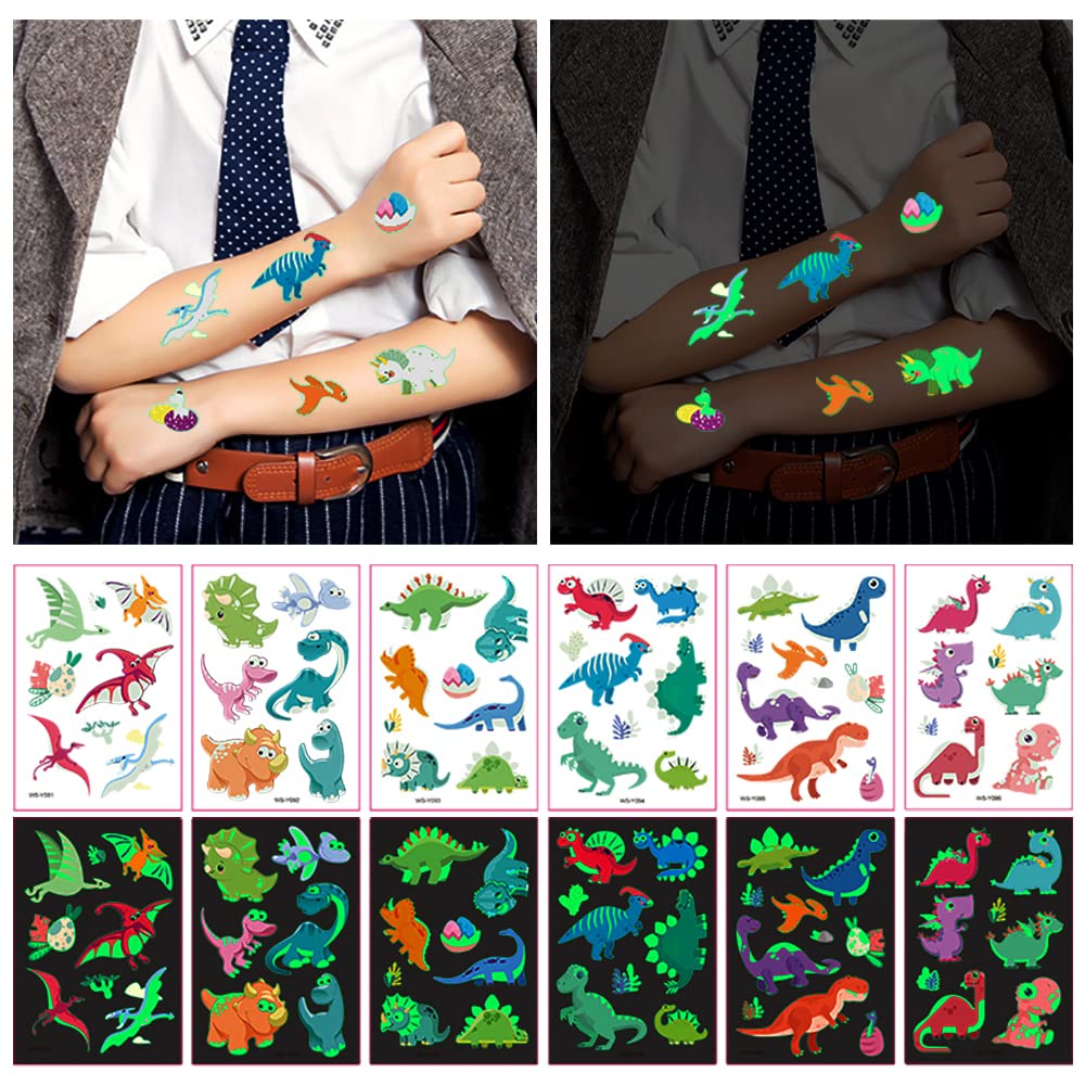 Tatuajes AWINMAY dinosaurio dragones trueno luminosos para fiestas y fotomaton