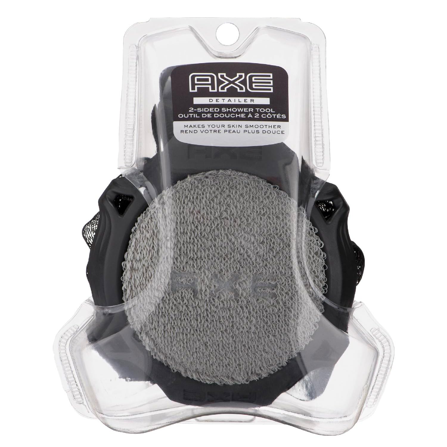AXE Detallador de ducha de dos caras gris para exfoliar y limpiar con suavidad.