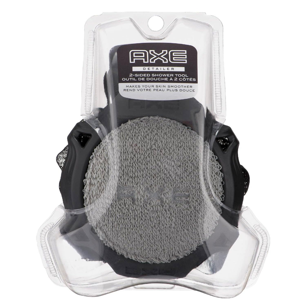 AXE Detallador de ducha de dos caras gris para exfoliar y limpiar con suavidad.