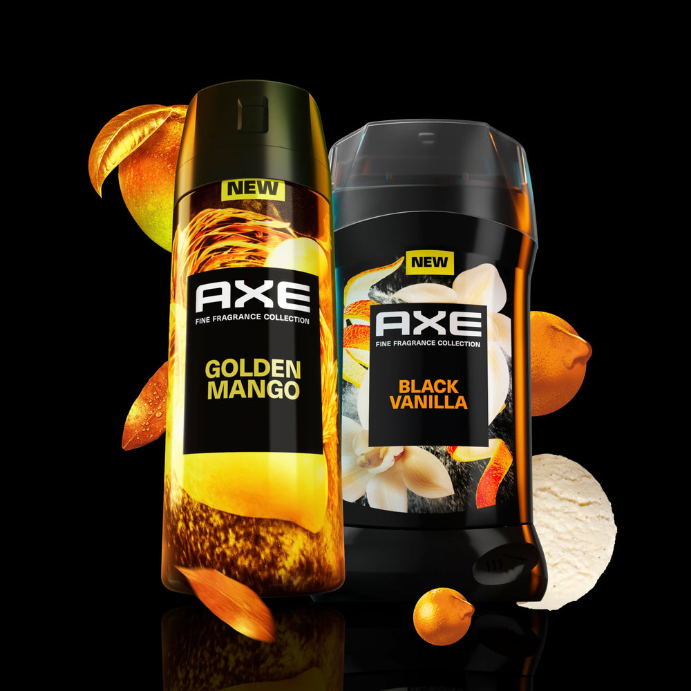 AXE Golden Mango, couleur ambrée et design moderne du flacon.