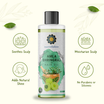 AYURVEDASHREE Hair Oil ingredients scene highlights natural herbs.