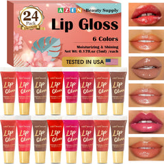 AZEN 24-pack lip gloss set showcased for easy color selection and shine.