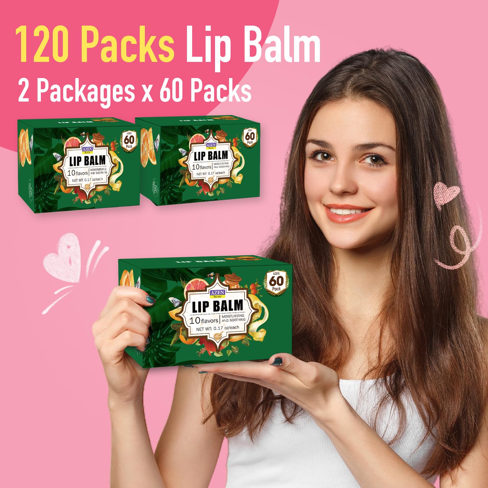 AZEN bálsamo labial rosa para cuidado suave y aroma floral.