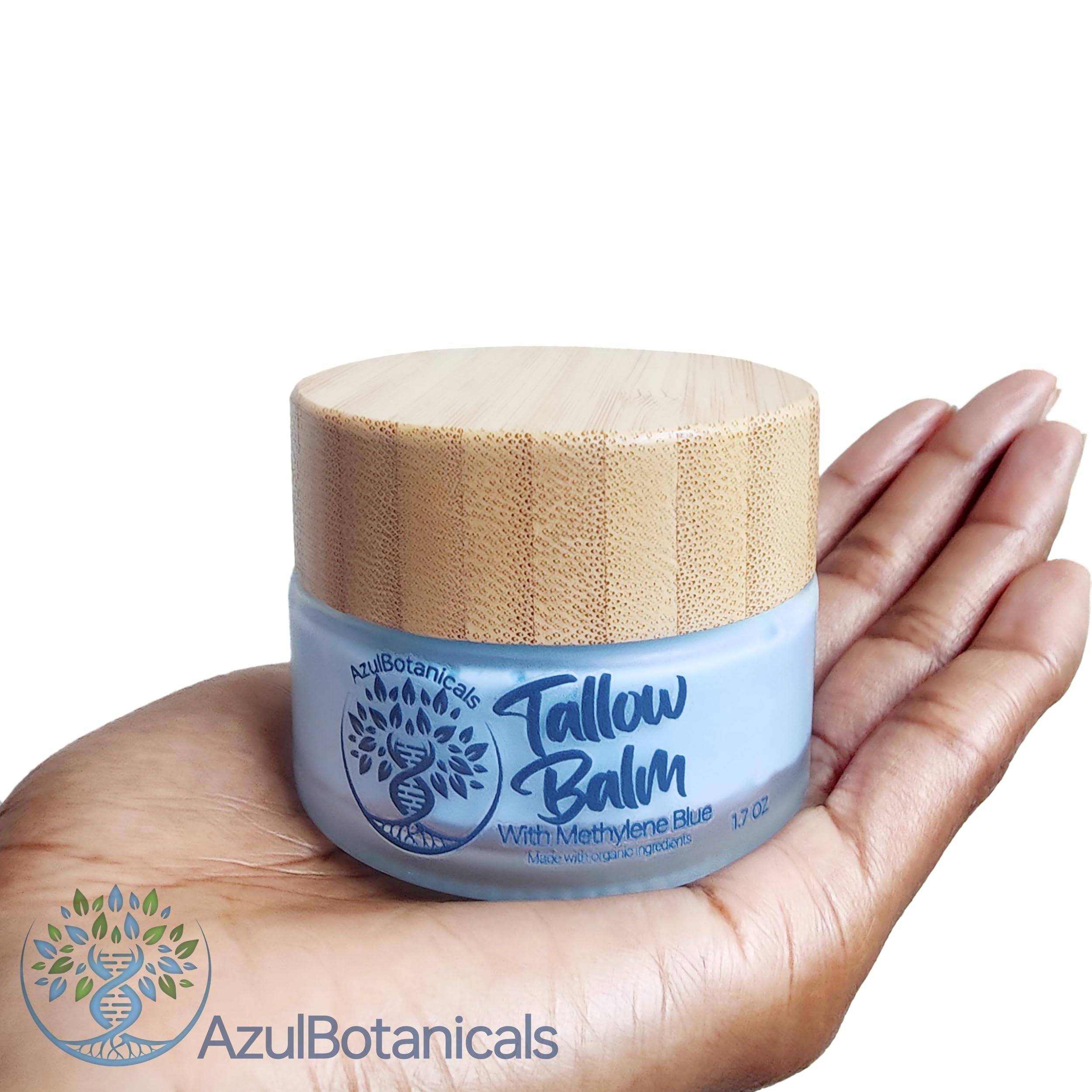AzulBotanicals bálsamo sebo res aplicado en la piel para cuidado diario.