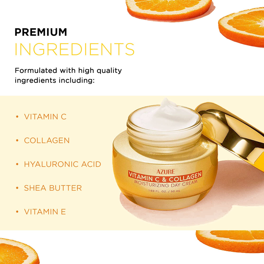 Azure Cosmetics crema facial Vitamina C y Colágeno, aplicación diaria para tono uniforme.