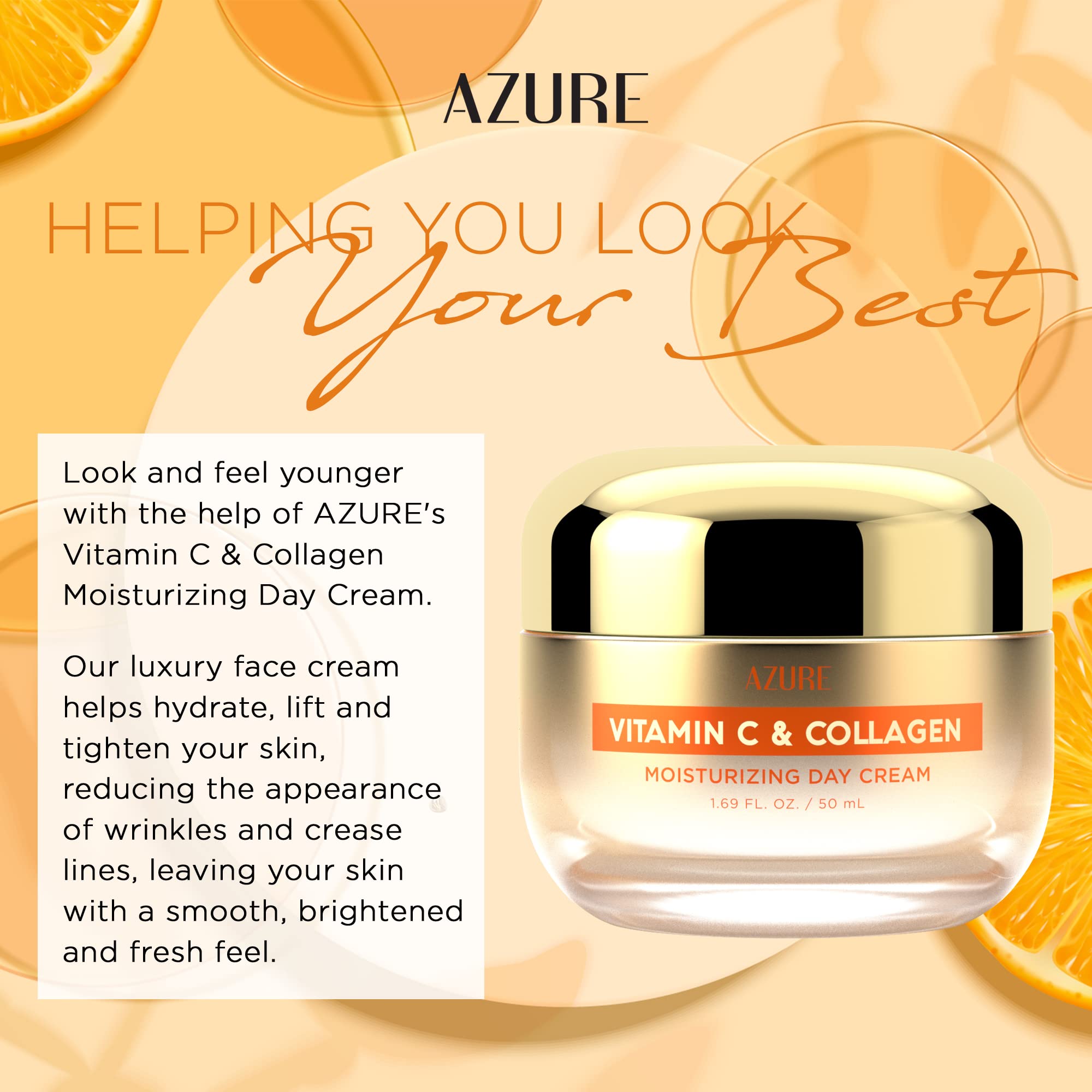 Azure Cosmetics crema facial Vitamina C y Colágeno, efecto luminoso suave para la piel.