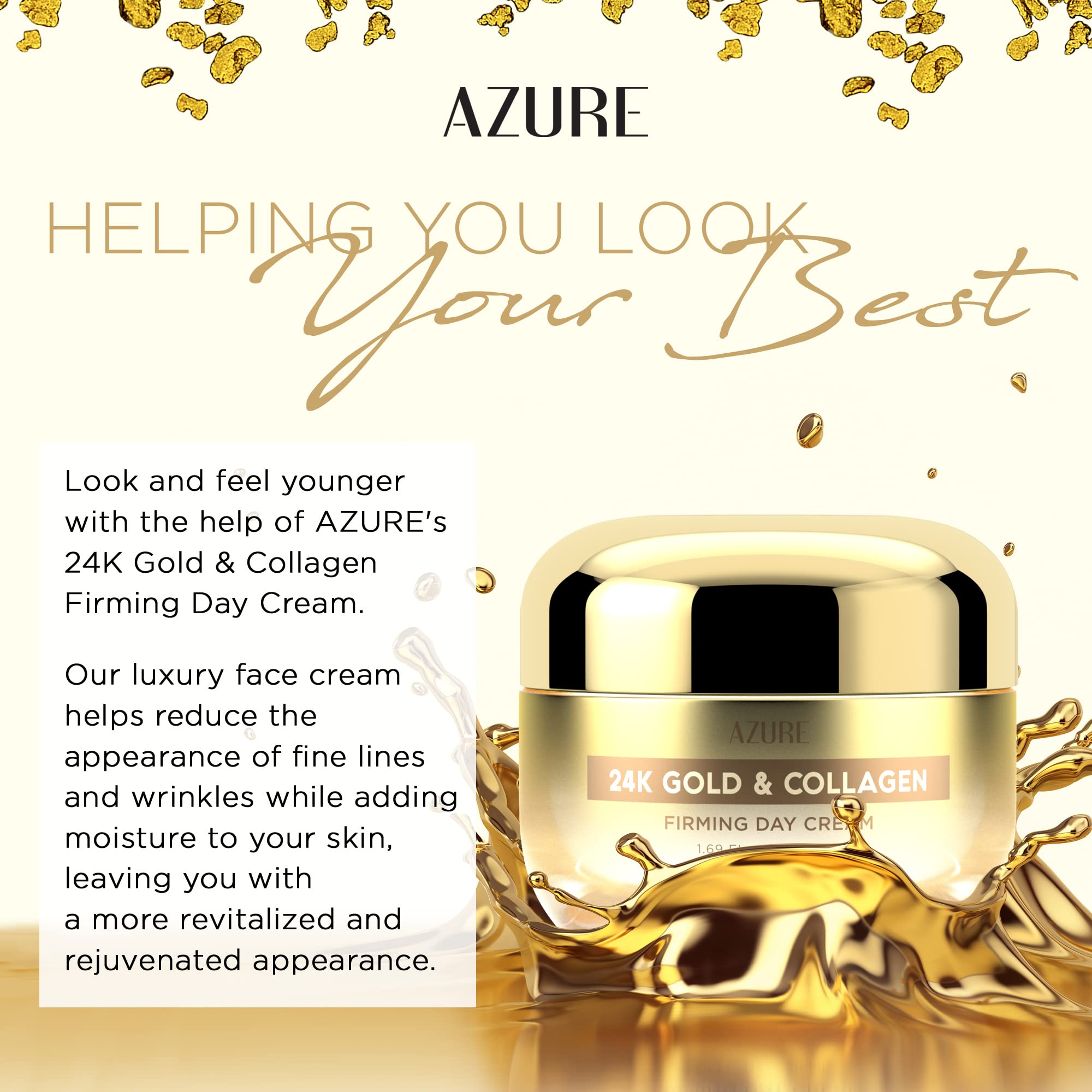 Azure ingredientes 24K oro, colágeno y ácido hialurónico en crema.