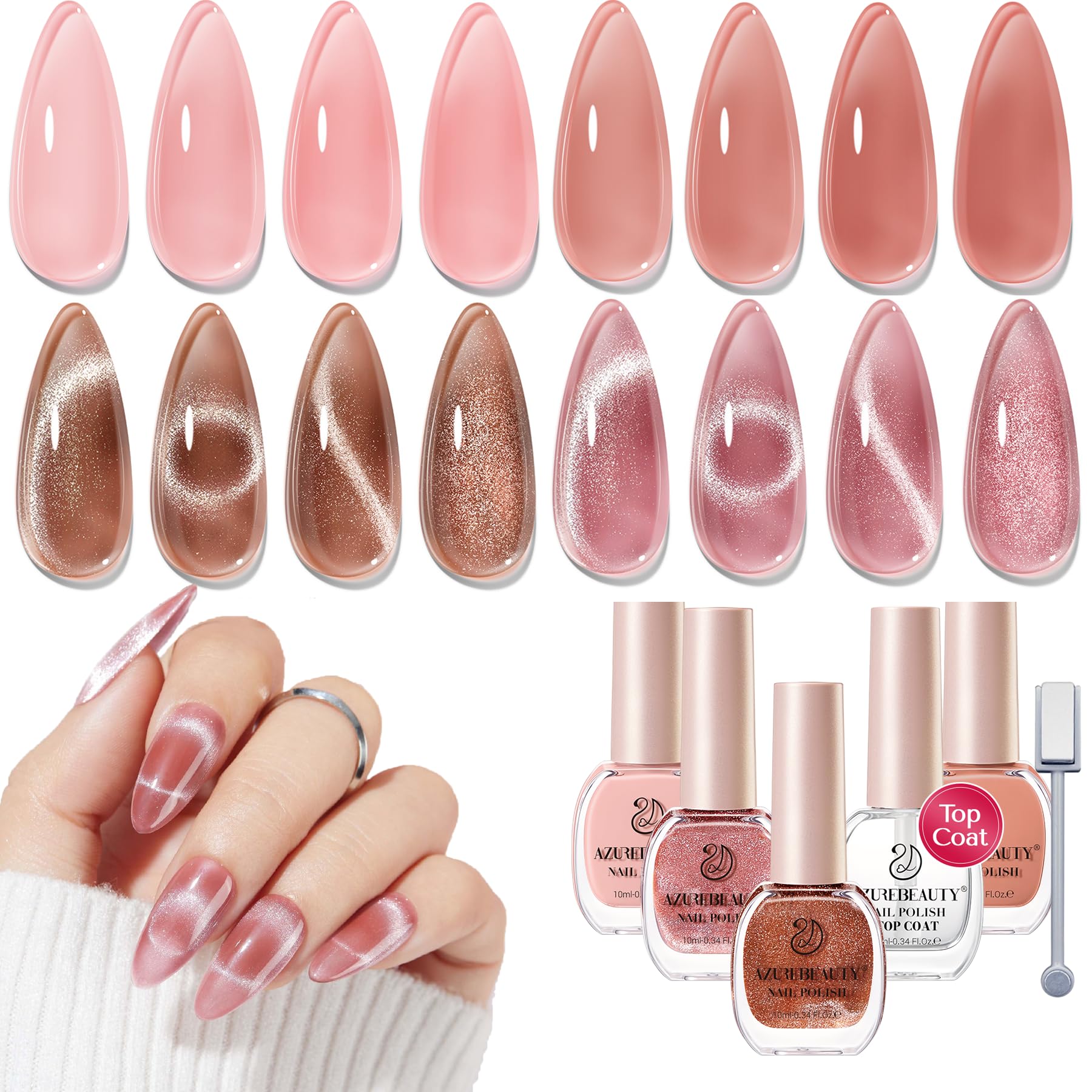 AZUREBEAUTY Cat Eye Esmalte, set de 4 colores, acabado llamativo y secado rápido.