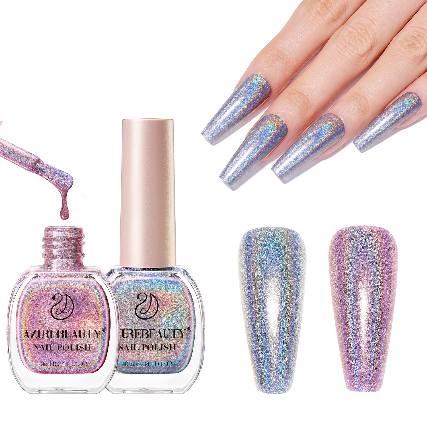 AZUREBEAUTY esmalte holográfico rosado-plata, brillo intenso para uñas.
