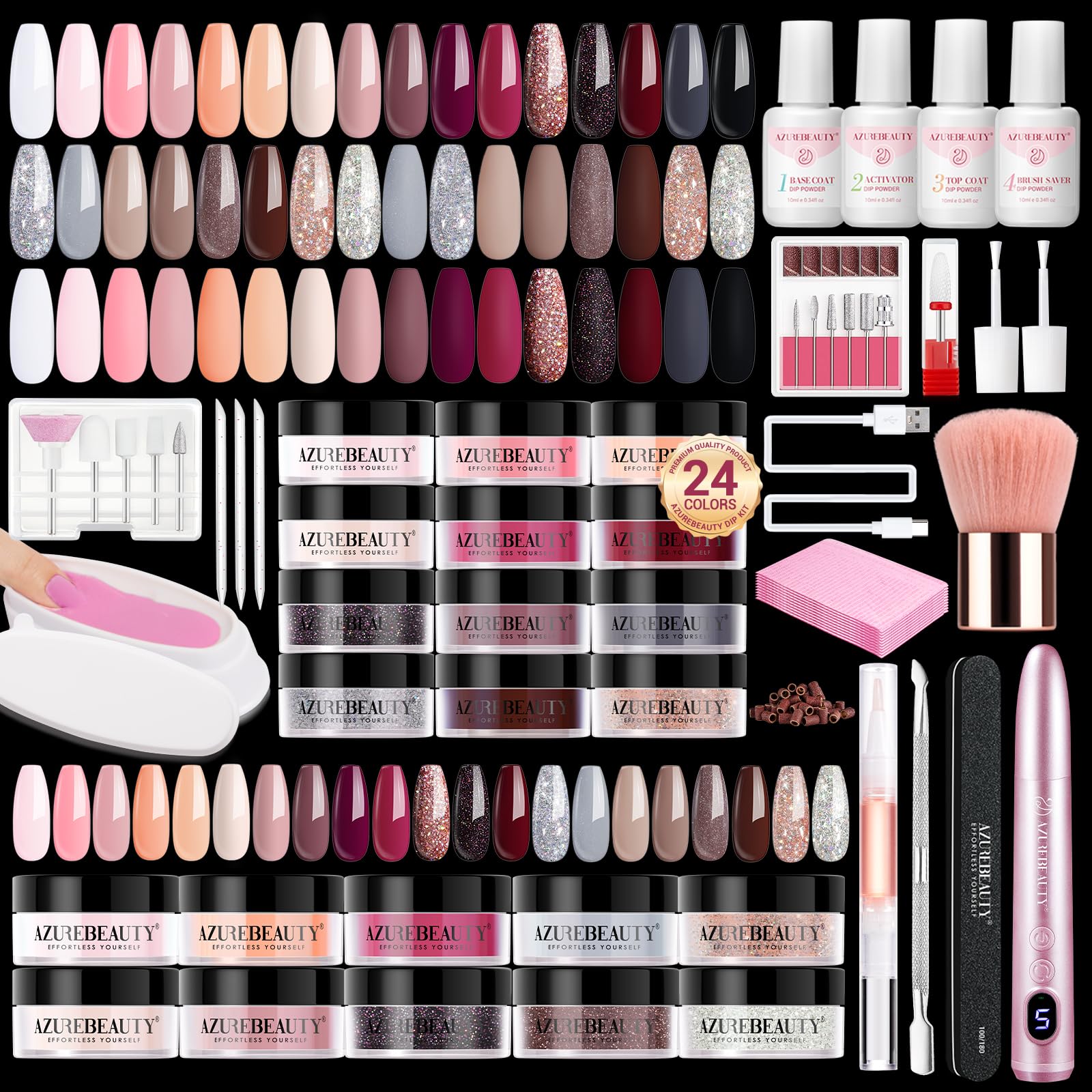 AZUREBEAUTY kit polvo de inmersión 24 colores para uñas brillantes