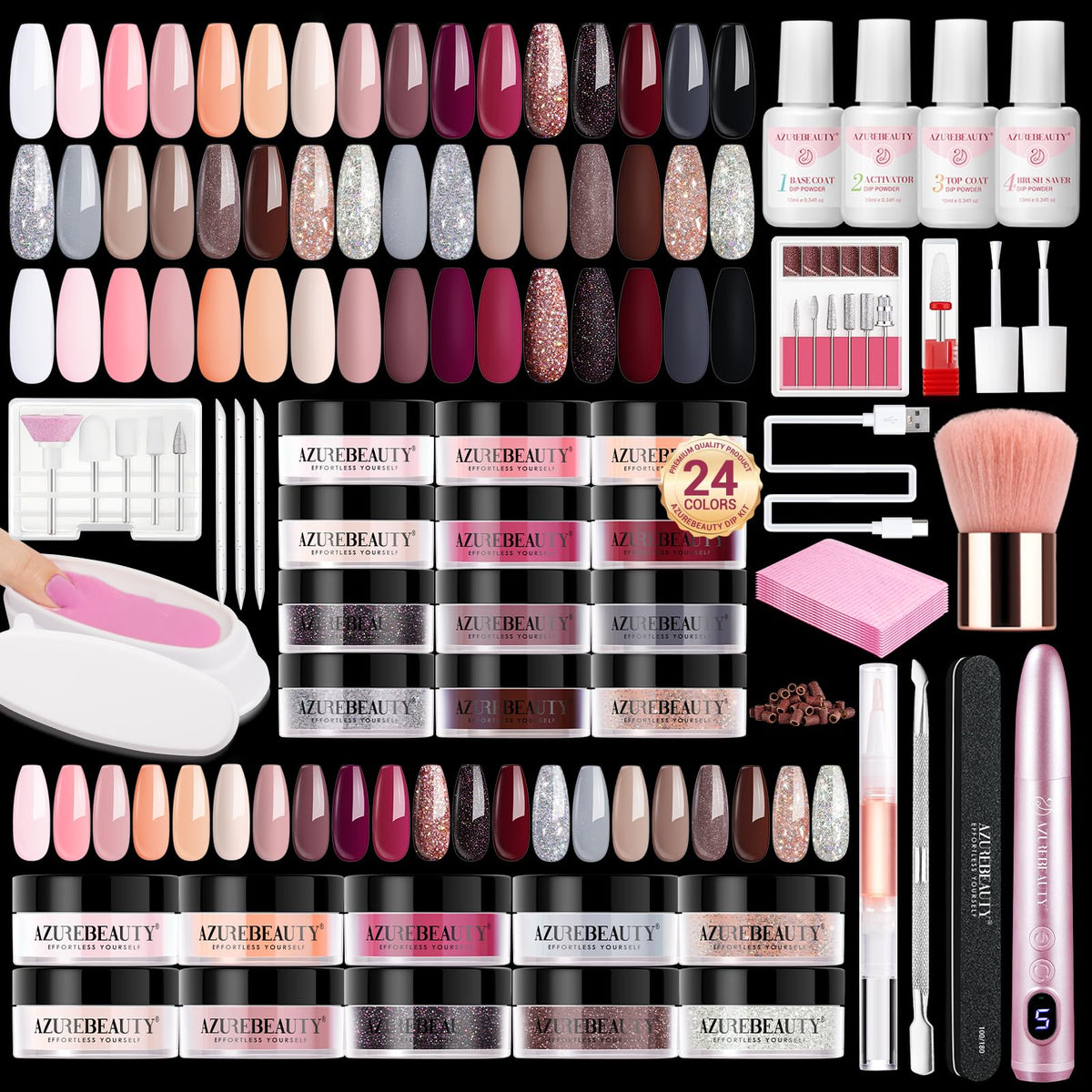 AZUREBEAUTY kit polvo de inmersión 24 colores para uñas brillantes