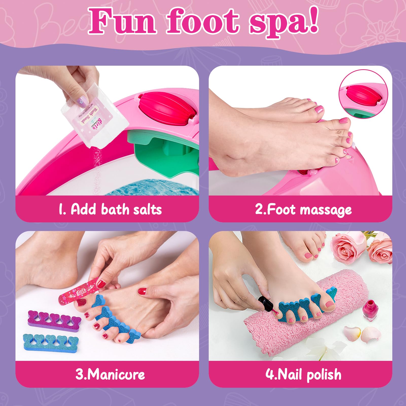 Ambientación de spa para niñas con accesorios divertidos.