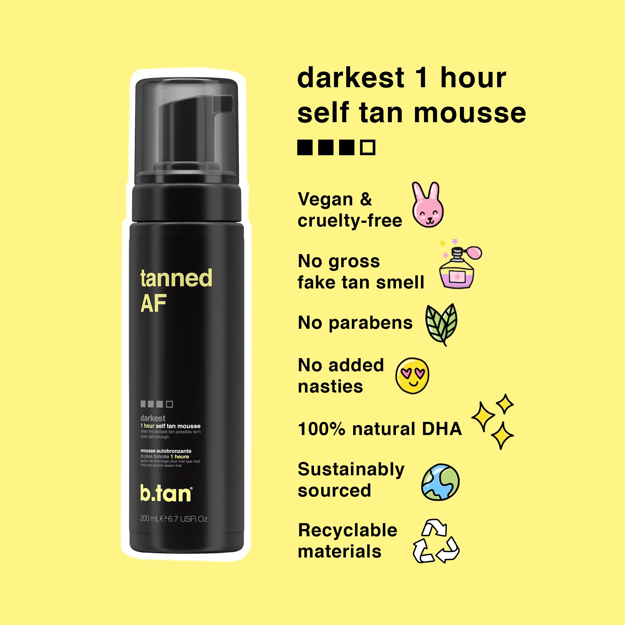 b.tan Dark Self Tanner Mousse ofrece cura de 1 hora para tono profundo.