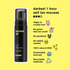 b.tan Dark Self Tanner Mousse ofrece cura de 1 hora para tono profundo.