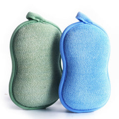 Esponja BabaMate para bebé con doble capa verde y azul, suave y duradera.