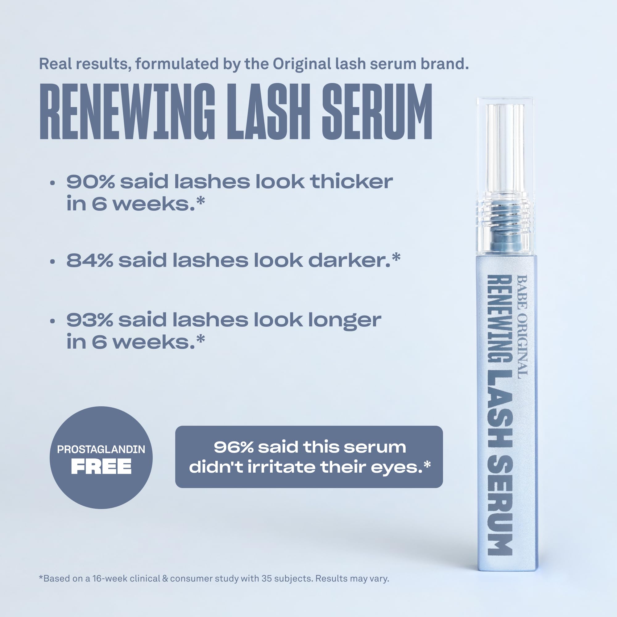 Etiqueta de Babe Original Renewing Lash Serum con empaque limpio y práctico