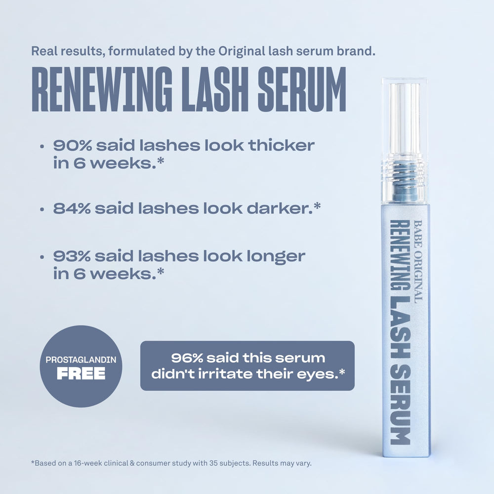 Etiqueta de Babe Original Renewing Lash Serum con empaque limpio y práctico