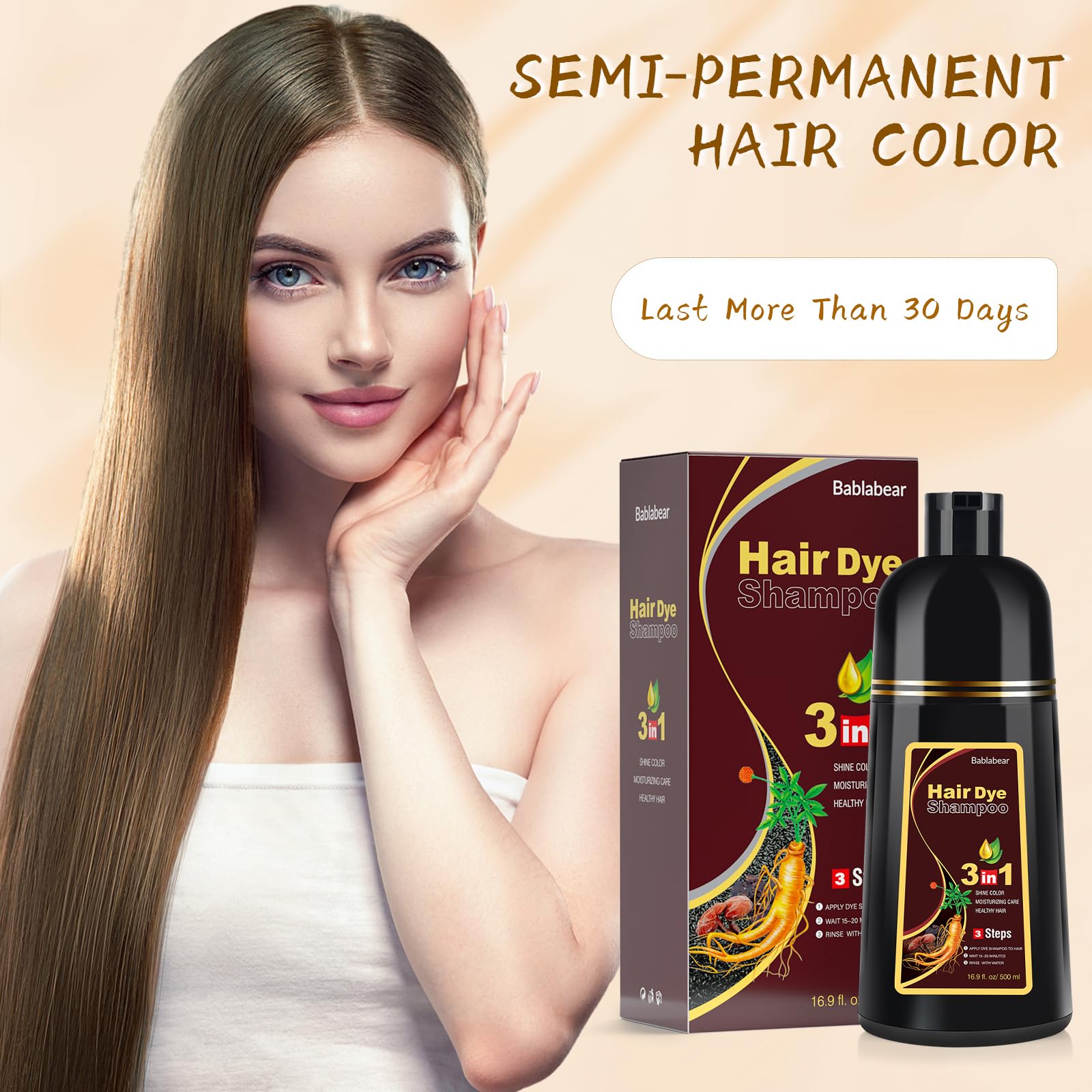 Bottle of Bablabear Chestnut Brown color shampoo indicating potential long-lasting color