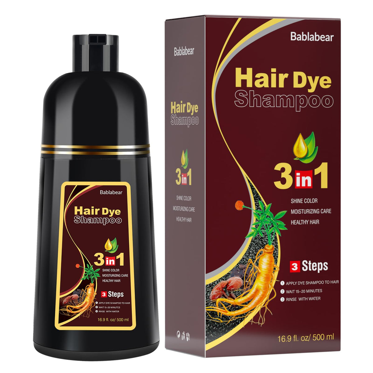 Bablabear dark brown hair dye shampoo bottle ready for use