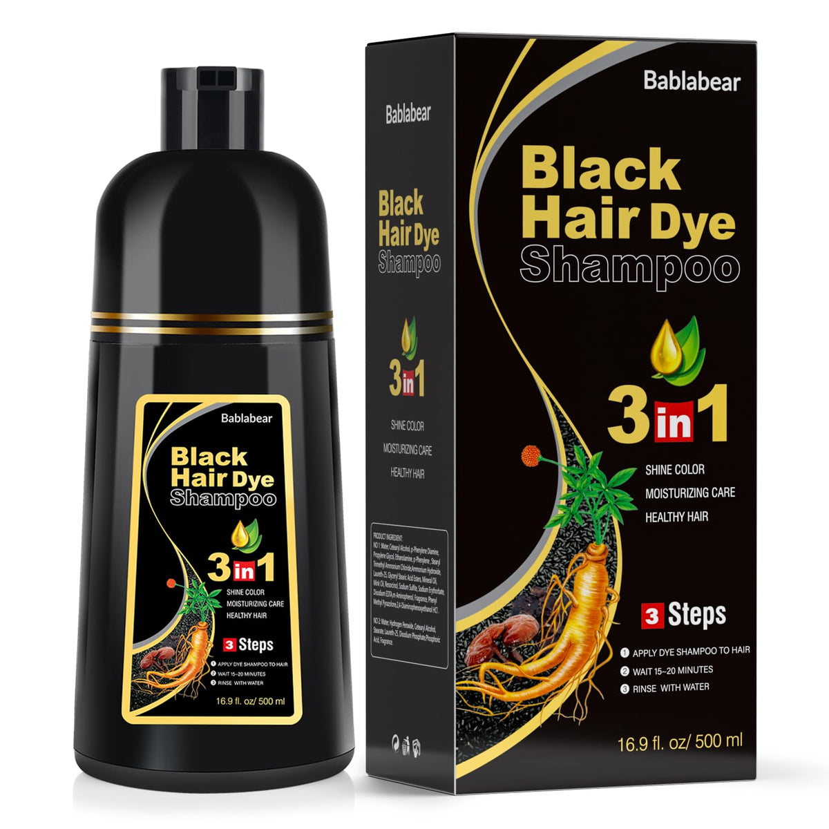 Shampooing colorant noir Bablabear pour cheveux gris, couverture semi-permanente.