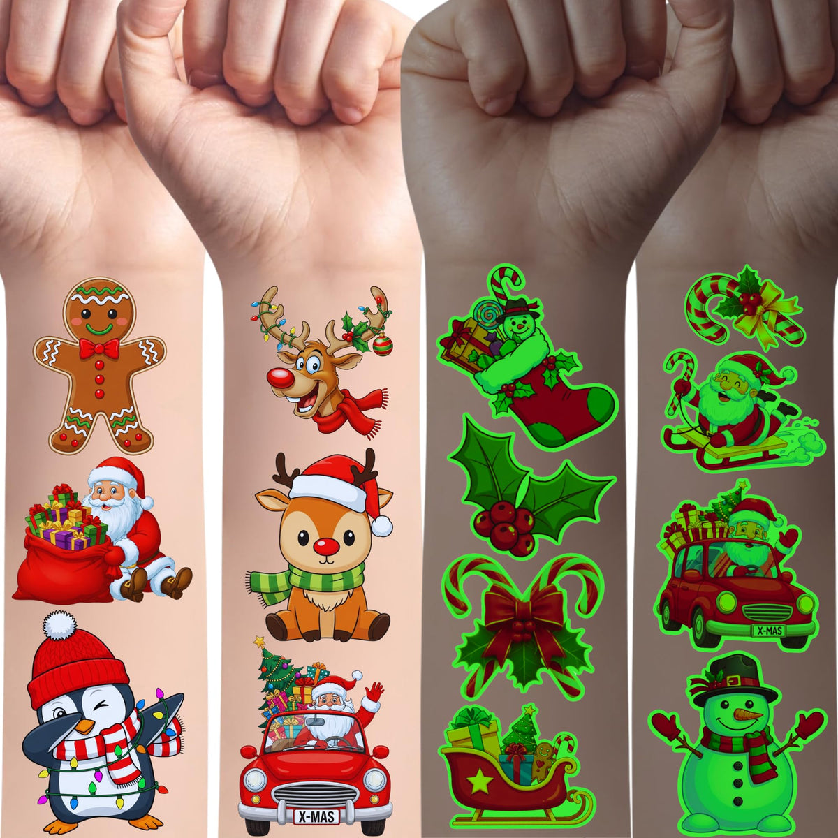 Backtopeia tatuajes navidad luminosos brillan en oscuridad para decoración festiva.