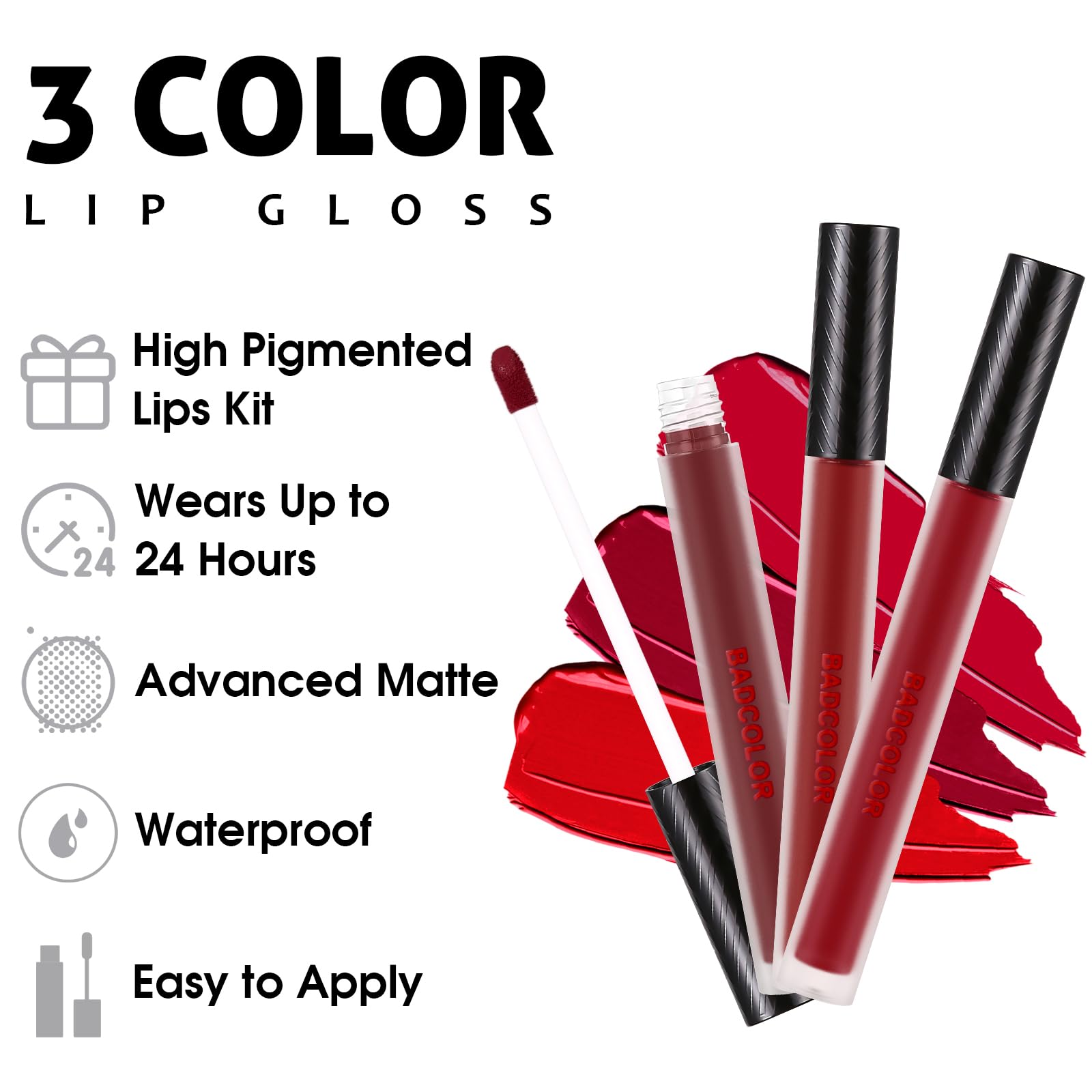 BADCOLOR set labial líquido rojo oscuro para look dramático y duradero.