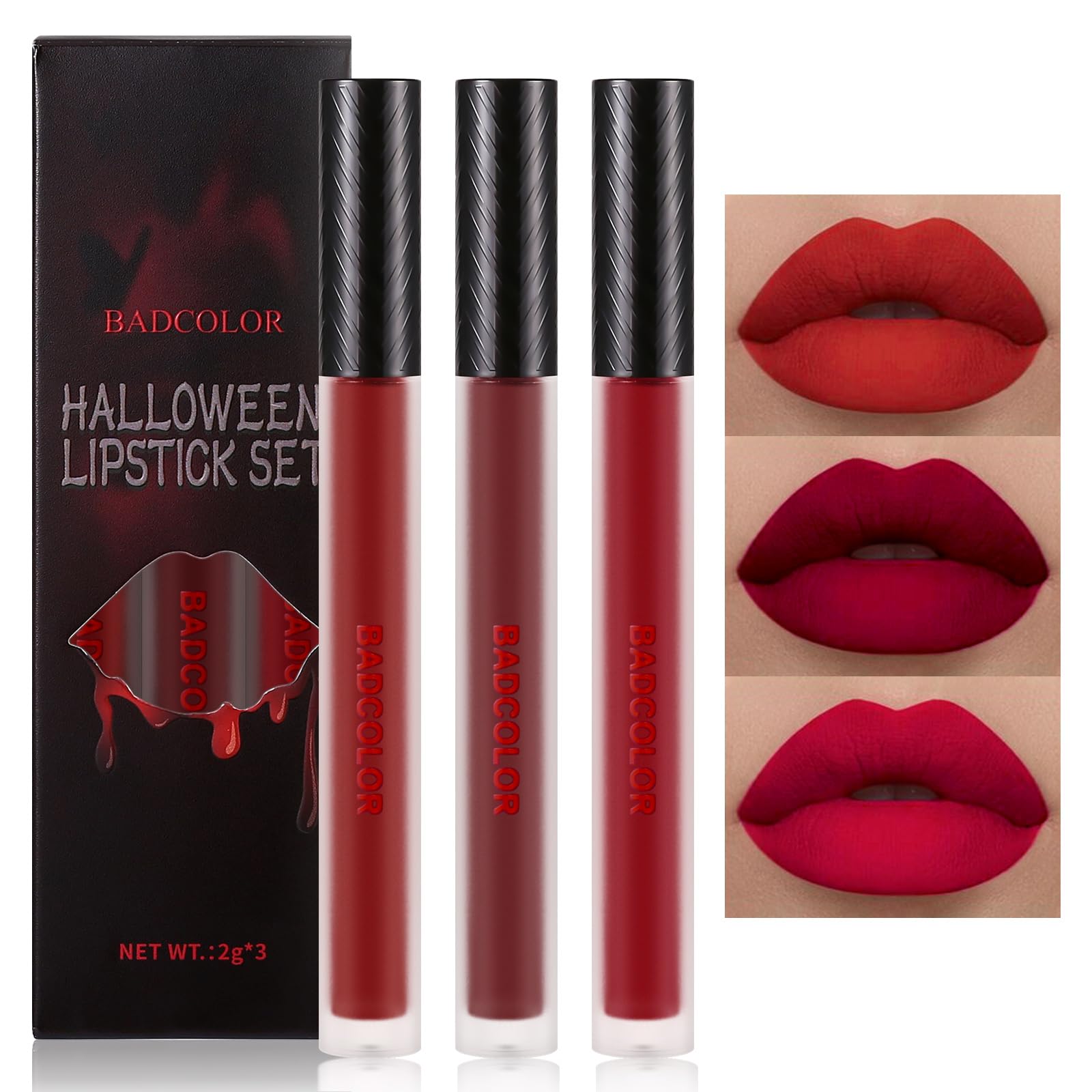 BADCOLOR set labial líquido rojo verdadero para color intenso y duradero.